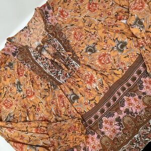 Womens Floral Print Tie Neck‎ Shirred Lantern Sleeve Blouse Casual Shirt Top M